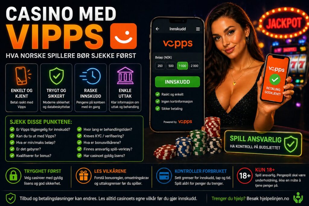 Guide til casino med Vipps, betalingsmetoder, uttak, KYC, bonusvilkår, sikkerhet og ansvarlig spill for norske spillere.